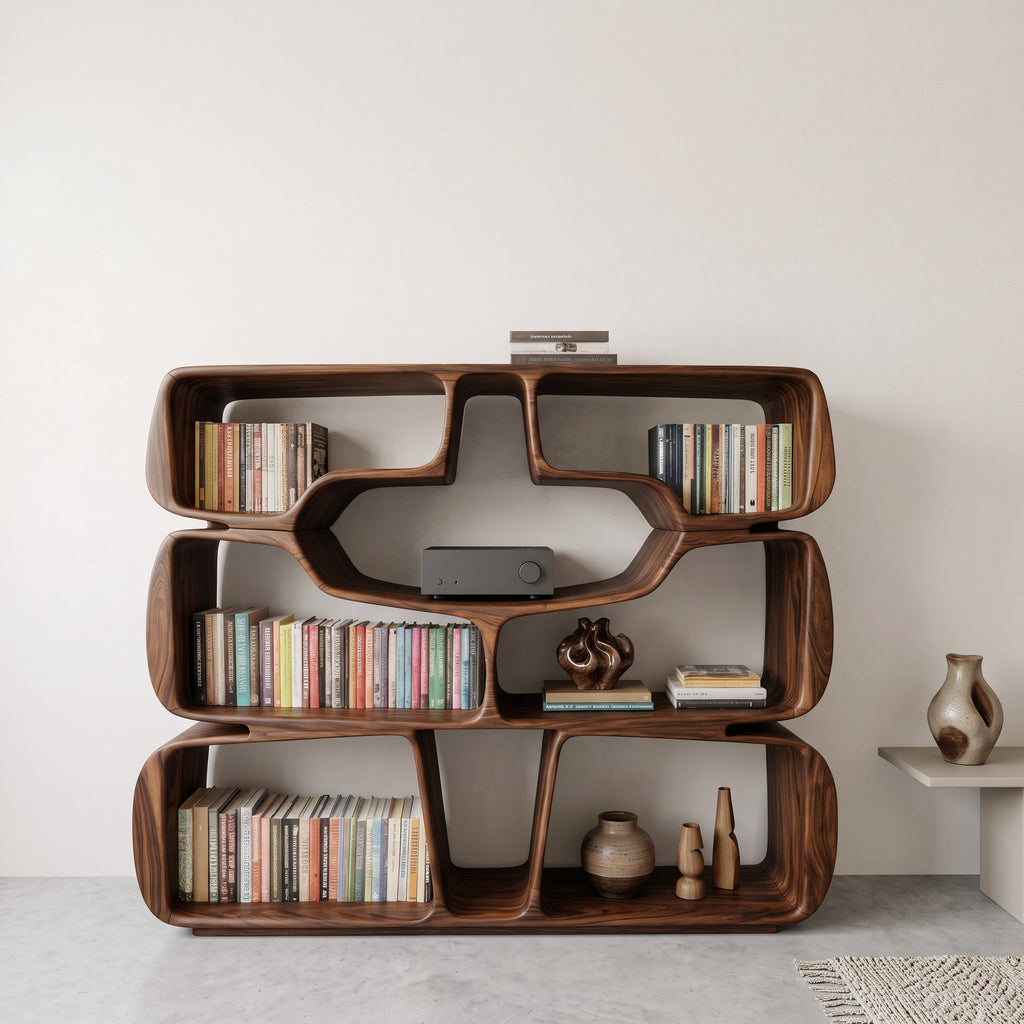 Modern Sculptural Bookshelf With Organic Curves For Living Room