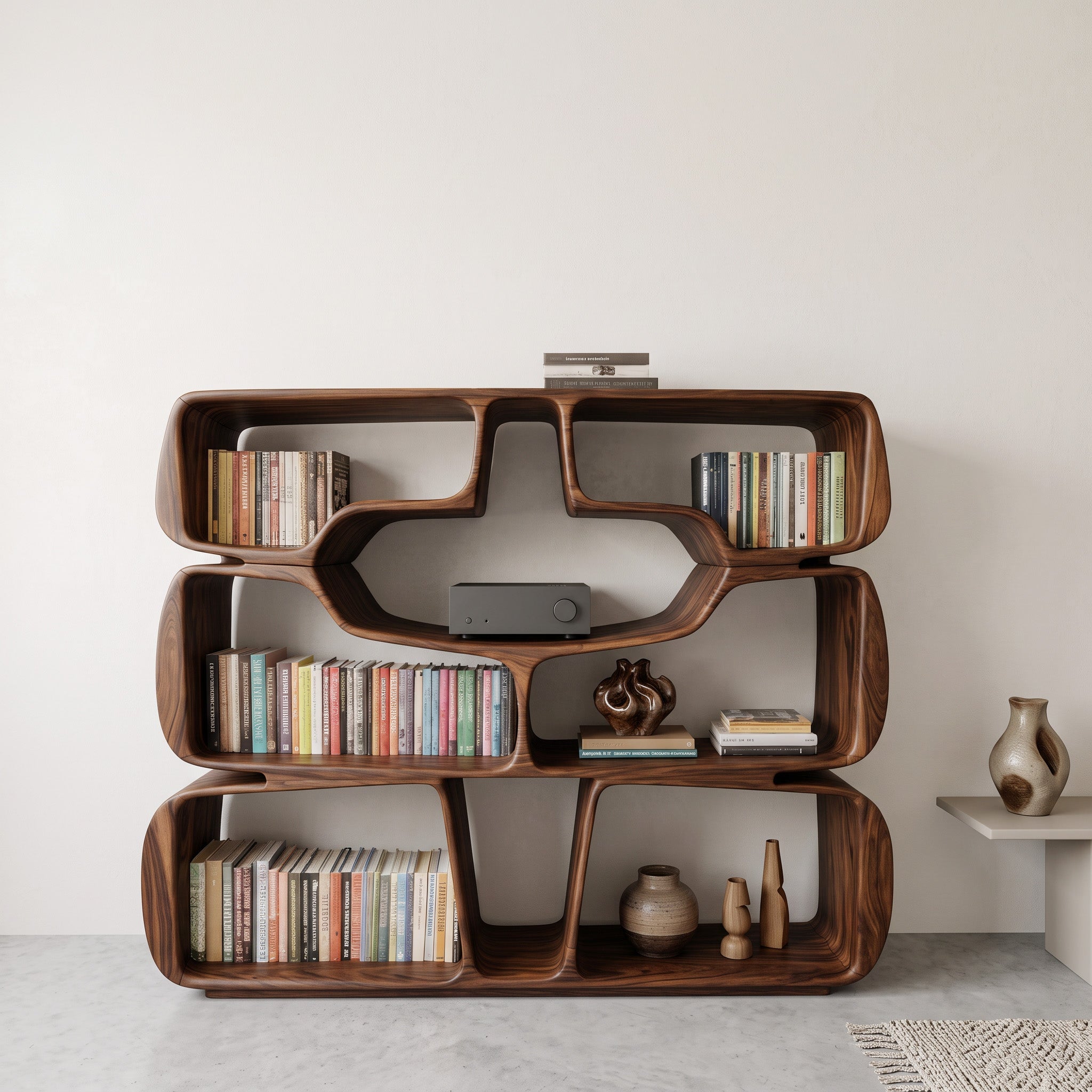 Modern Sculptural Bookshelf With Organic Curves For Living Room