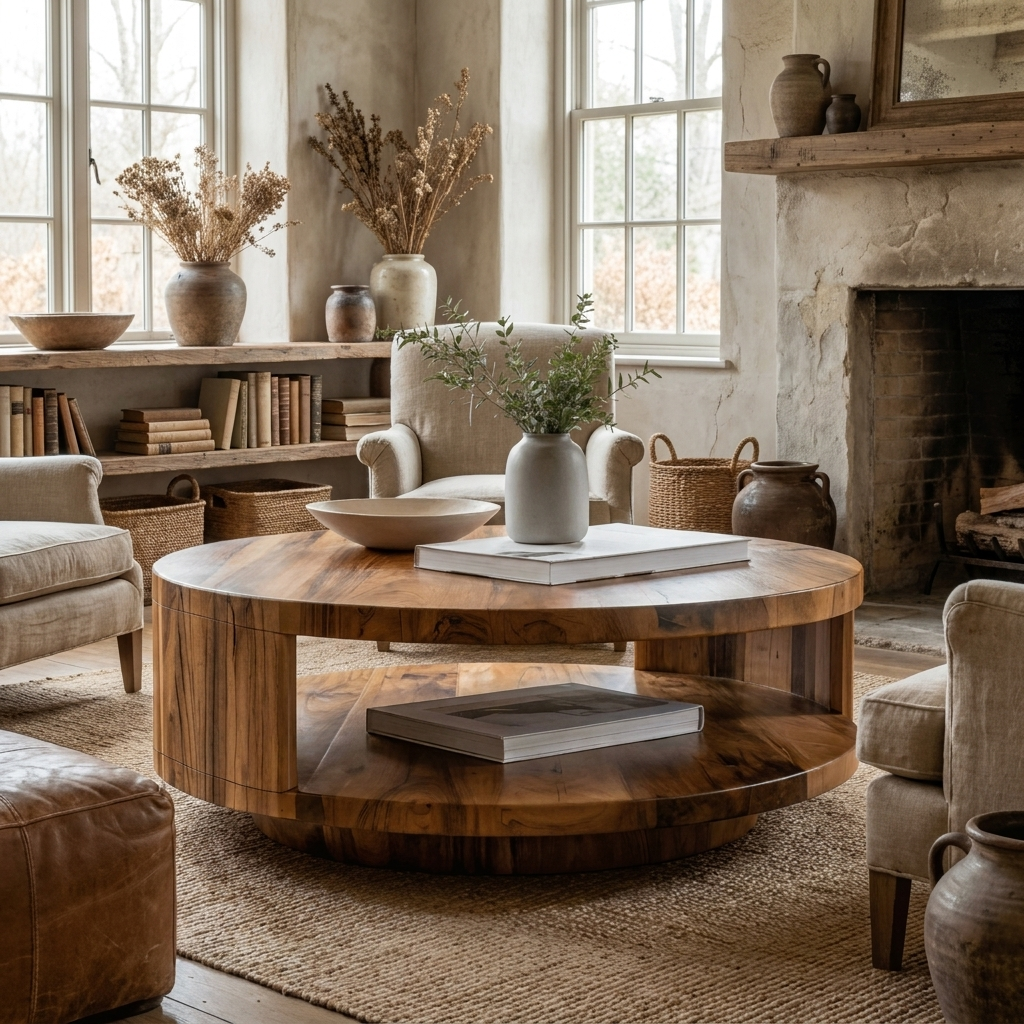Modern Round Coffee Table With Shelf For Living Room And Lounge