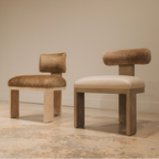 Two luxury dining chairs with wooden frames on a neutral background
