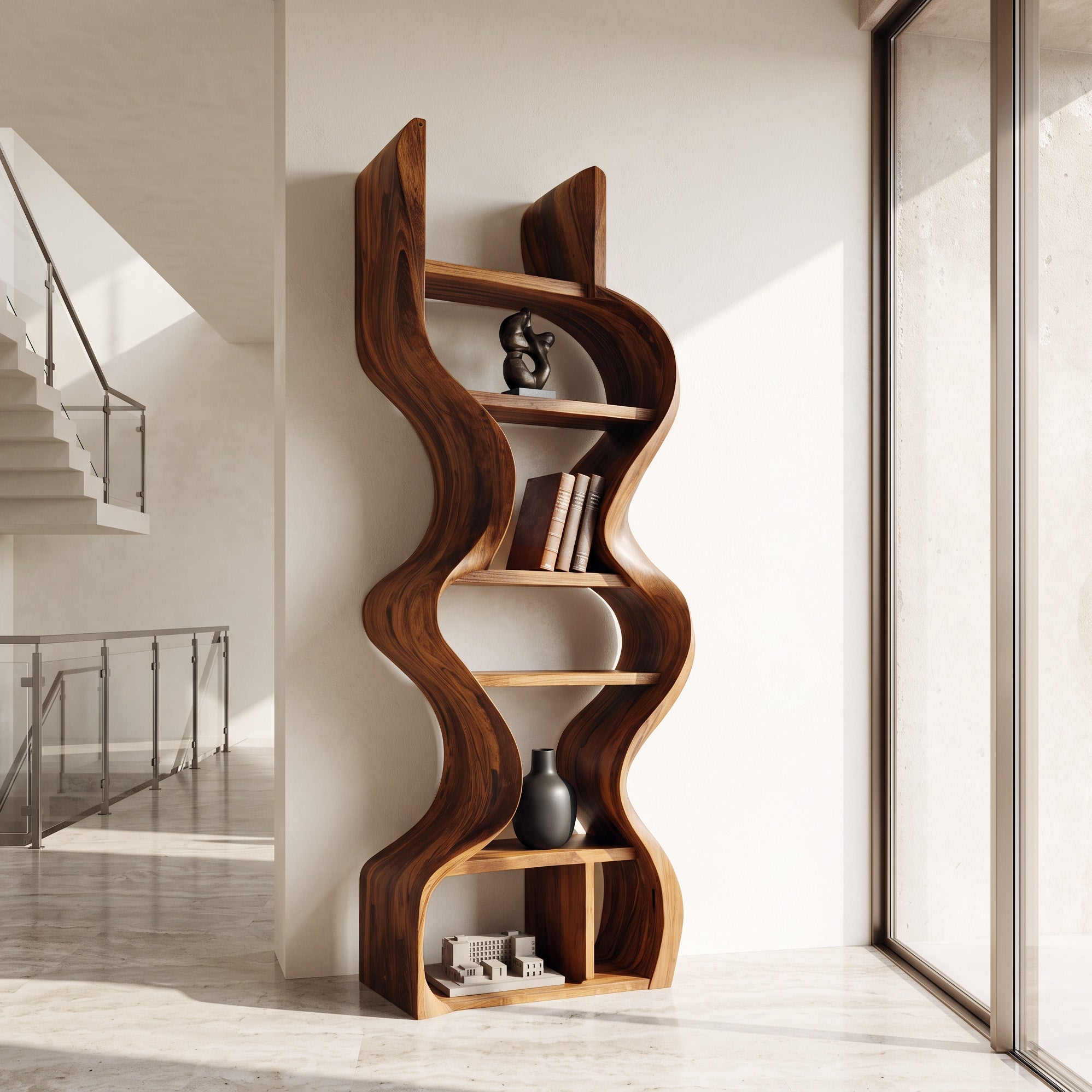 Organic Solid Wood Wall Bookcase For Modern Entryway