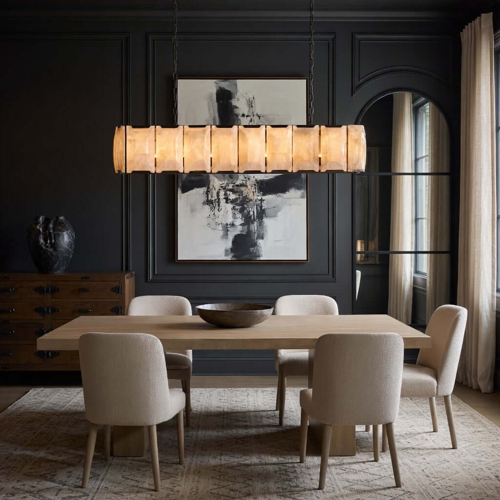 Brookhill 47-inch calcite linear chandelier on an iron frame