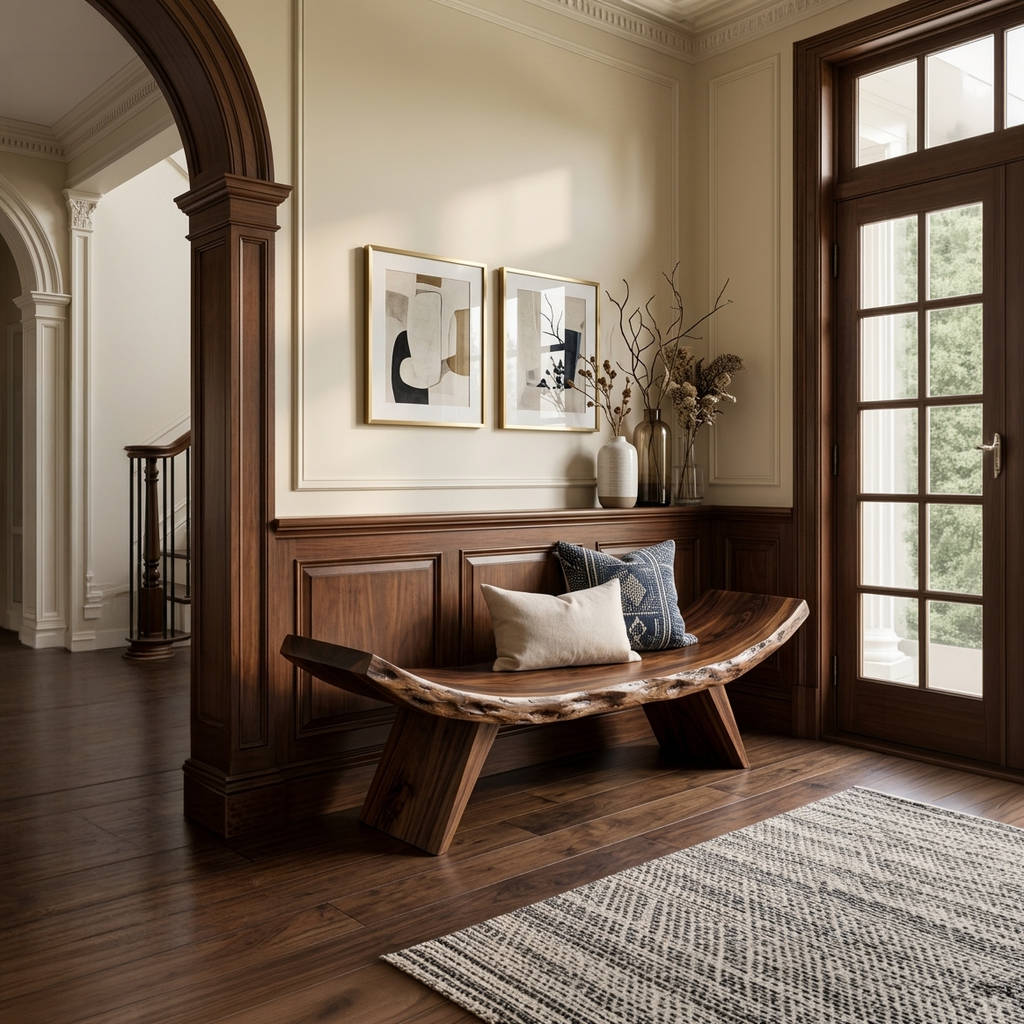 Rustic Live Edge Bench With Organic Curves For Entryway