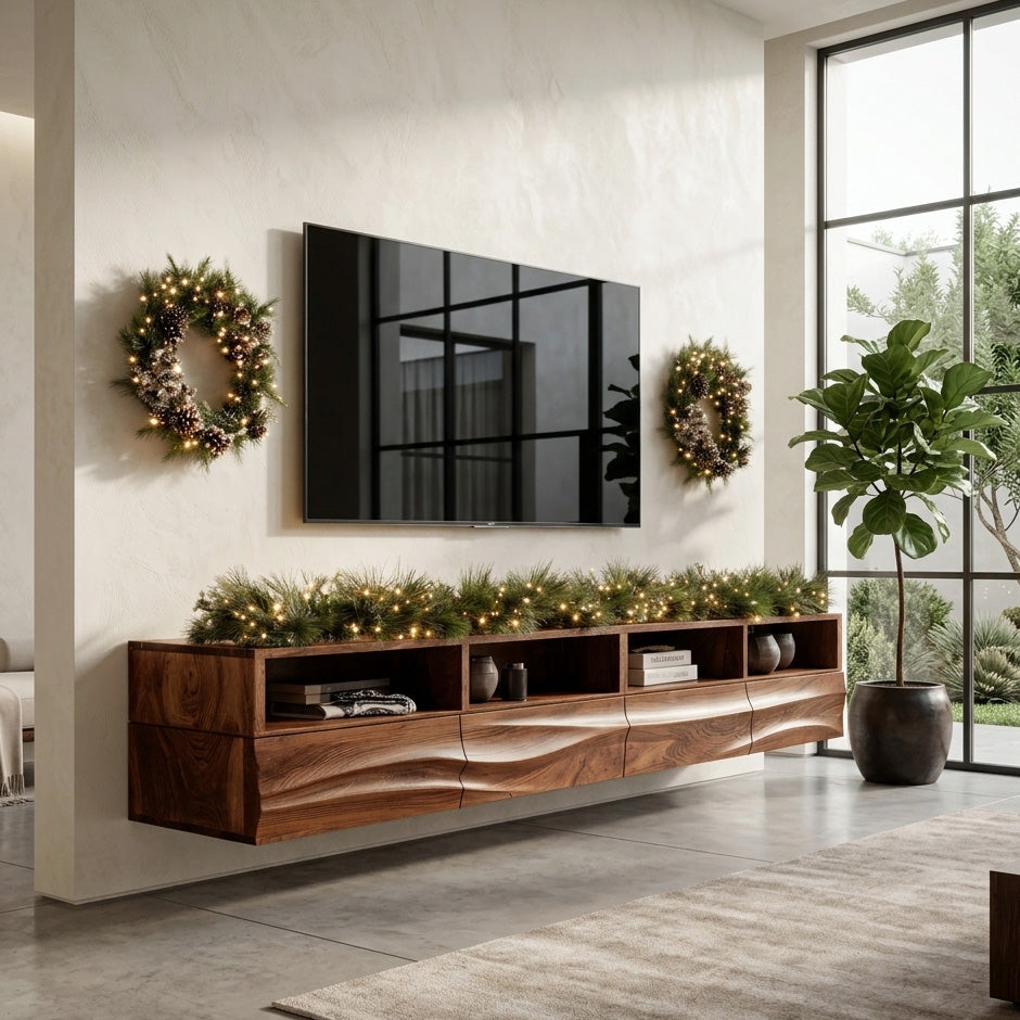 Floating Wave-Pattern TV Console For Holiday Decor