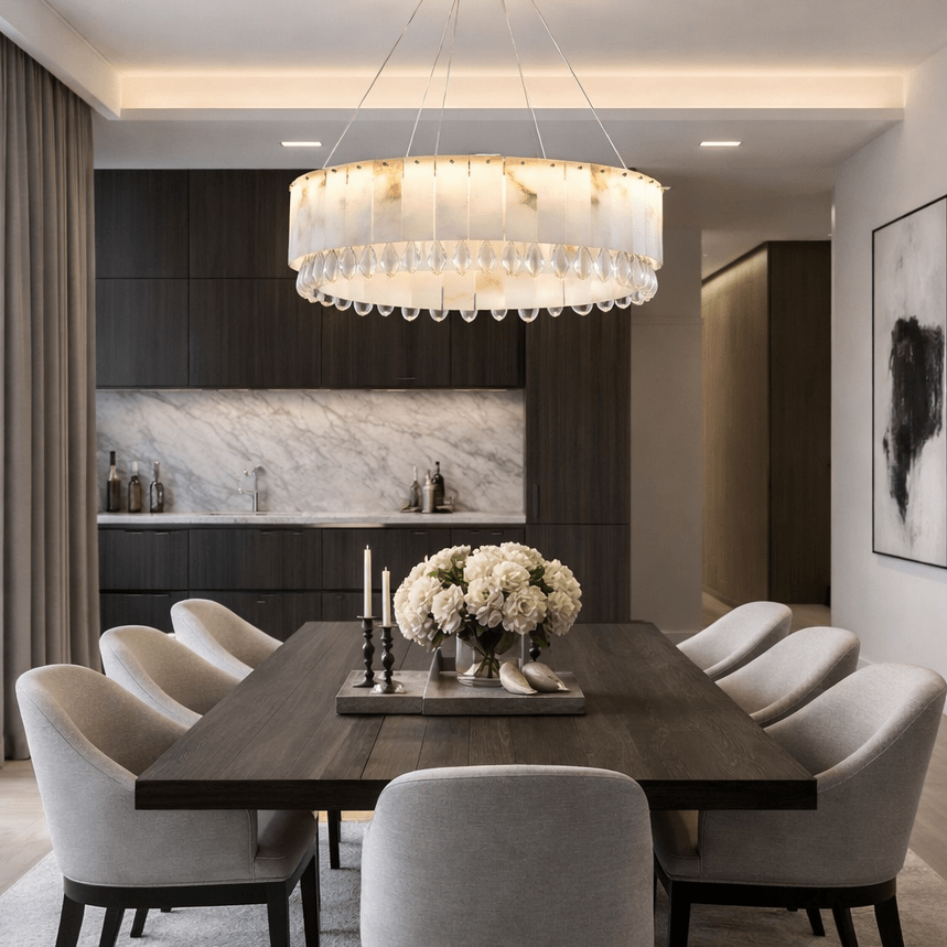 Detail of crystal accents on the Stuart 31-inch chandelier