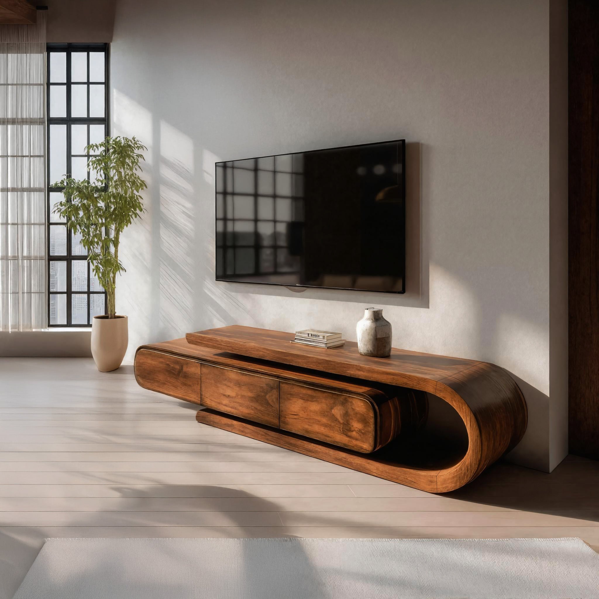 Contemporary Curved Wooden TV Console For Living Room