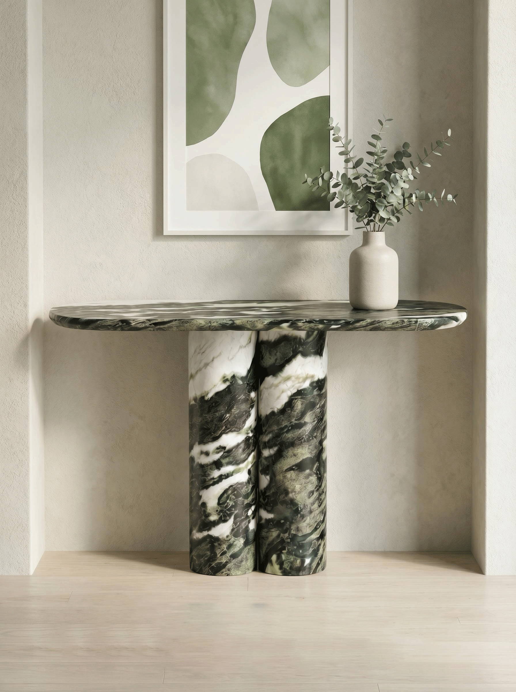 Green Forest Marble Console Table with Oval Shape Top and Double Cylinder Legs