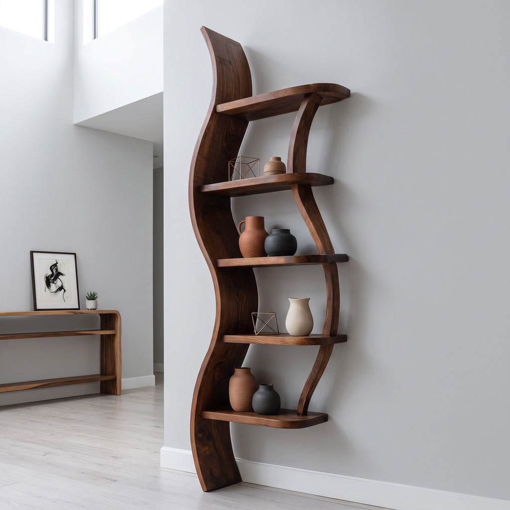 Modern Sculptural Bookshelf With Curved Design For Living Room