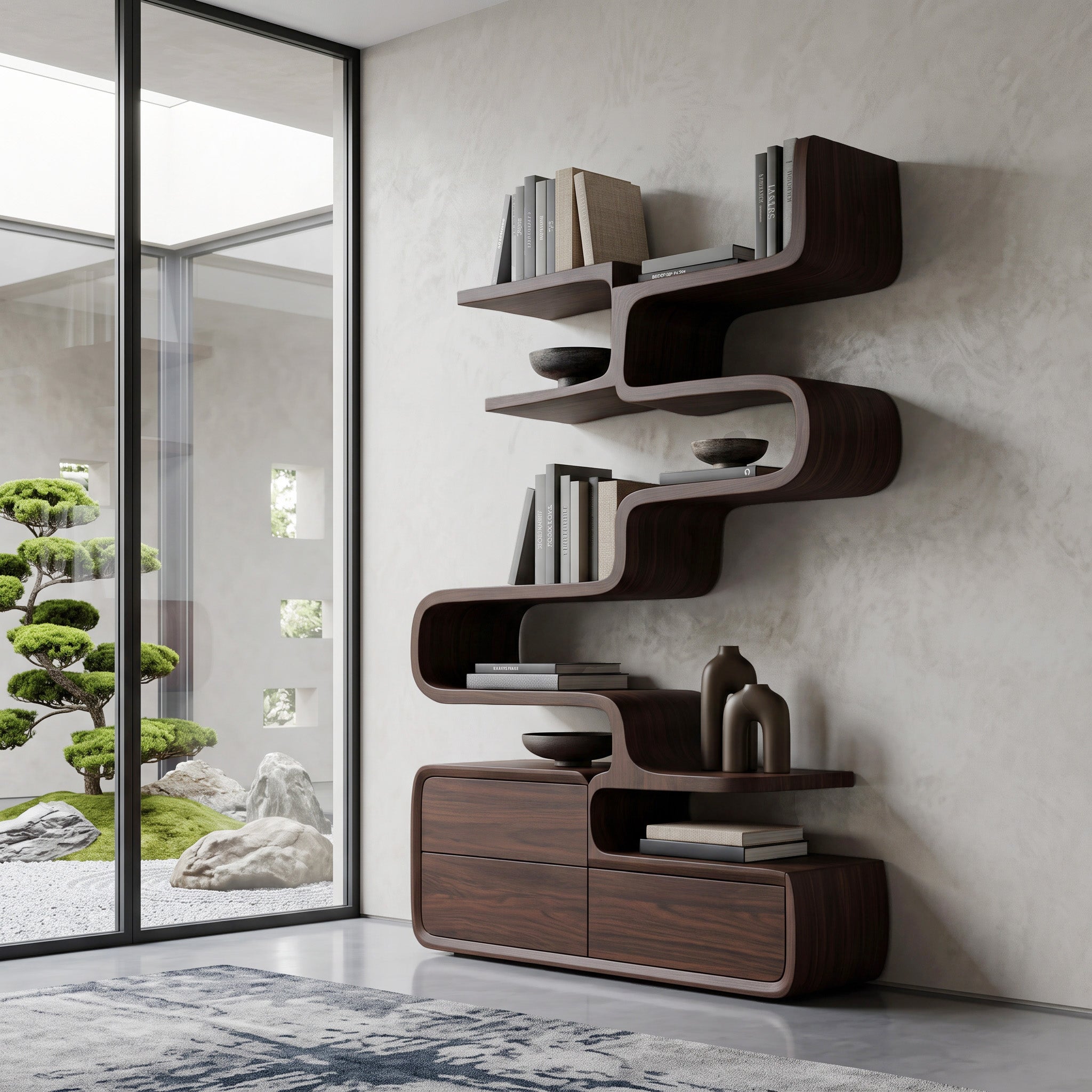 Scandinavian Sculptural Wooden Bookshelf For Living Room