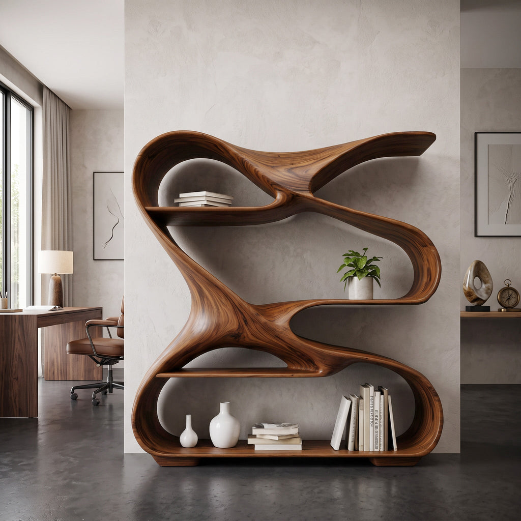 Modern Sculptural Wooden Bookshelf For Living Room Or Office Display
