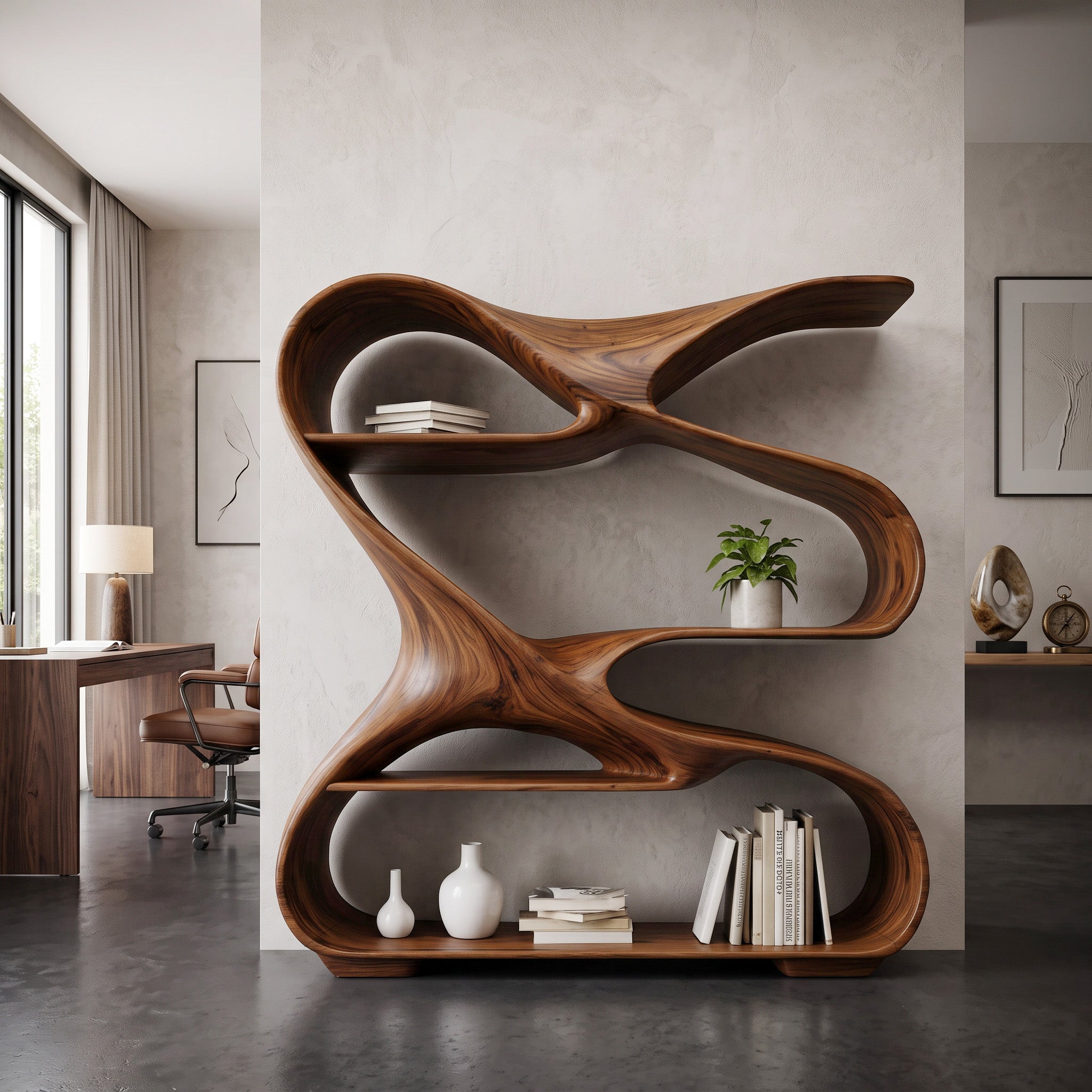 Modern Sculptural Wooden Bookshelf For Living Room Or Office Display