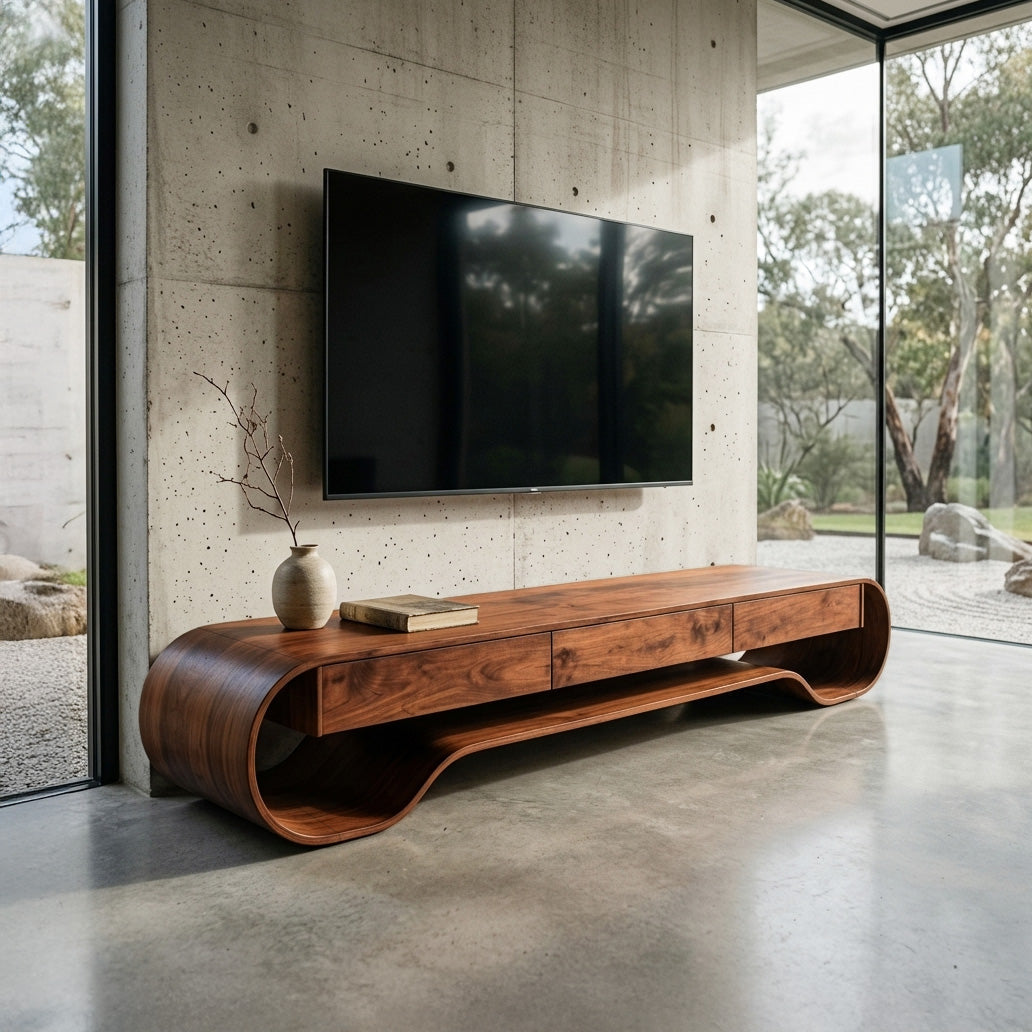 Sculpted Curved Media Console With Storage For Living Room