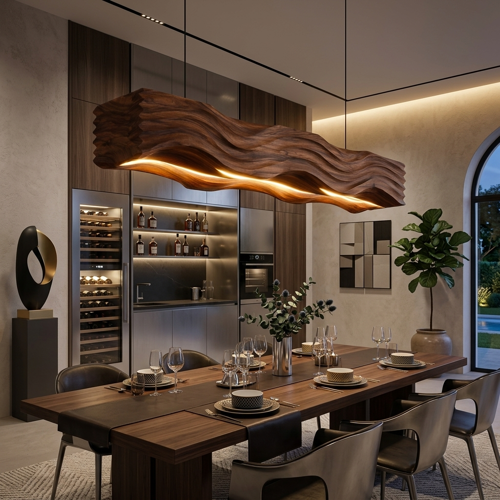 Sculpted Pendant Light Featuring Flowing Wave Carving For Dining