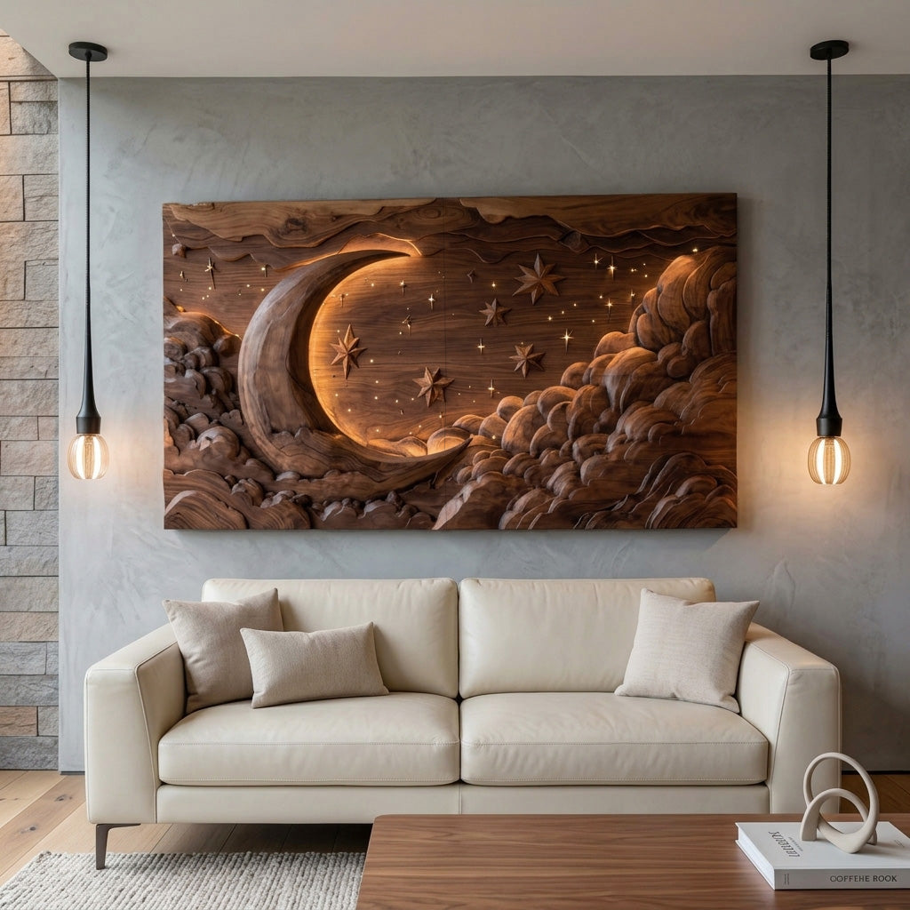 Hand Carved Wall Art Moon And Stars Panel With LED For Bedroom