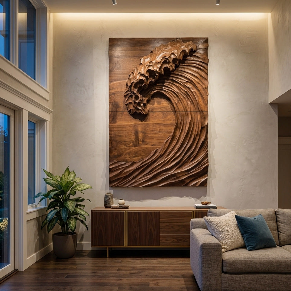 Hand Carved Wave Wall Art For Modern Living Room Decor
