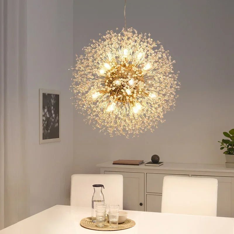 Dandelion crystal globe chandelier in a modern living room