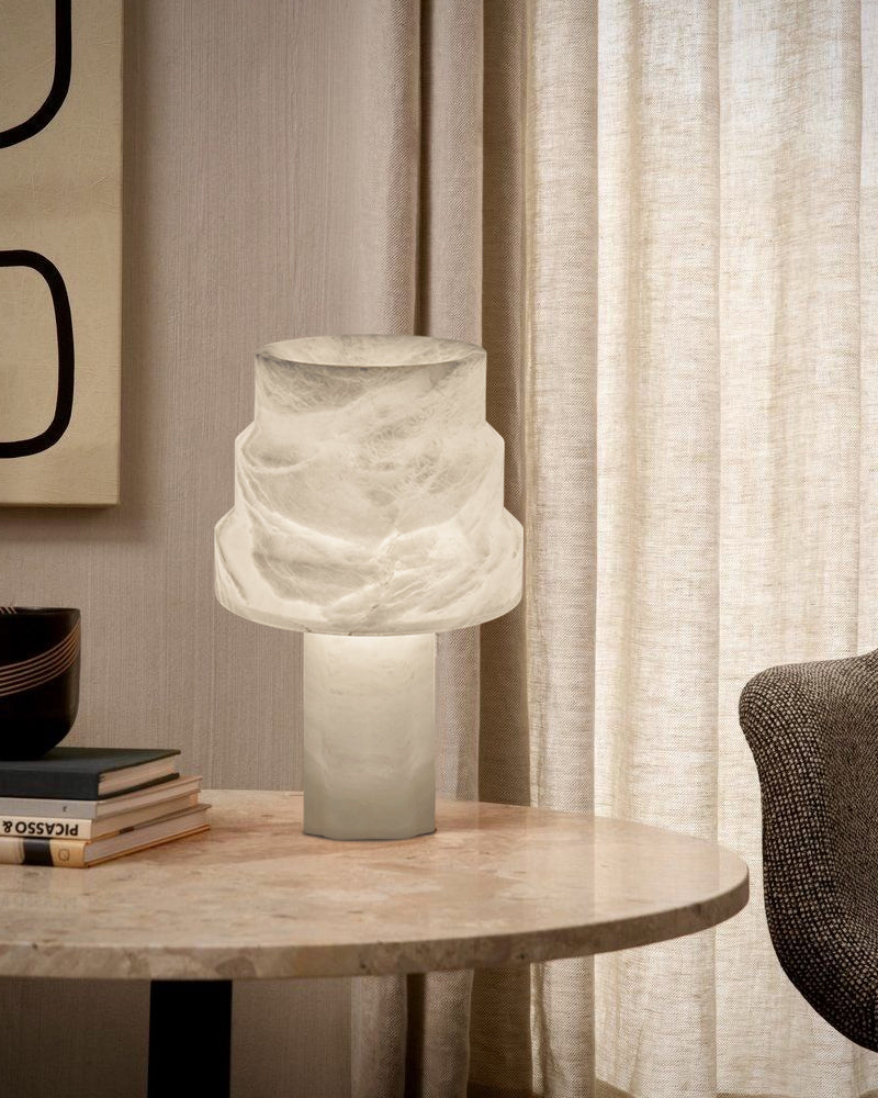 Nature Inspired Cylinder White Alabaster Short Table Lamp 8in for bedroom
