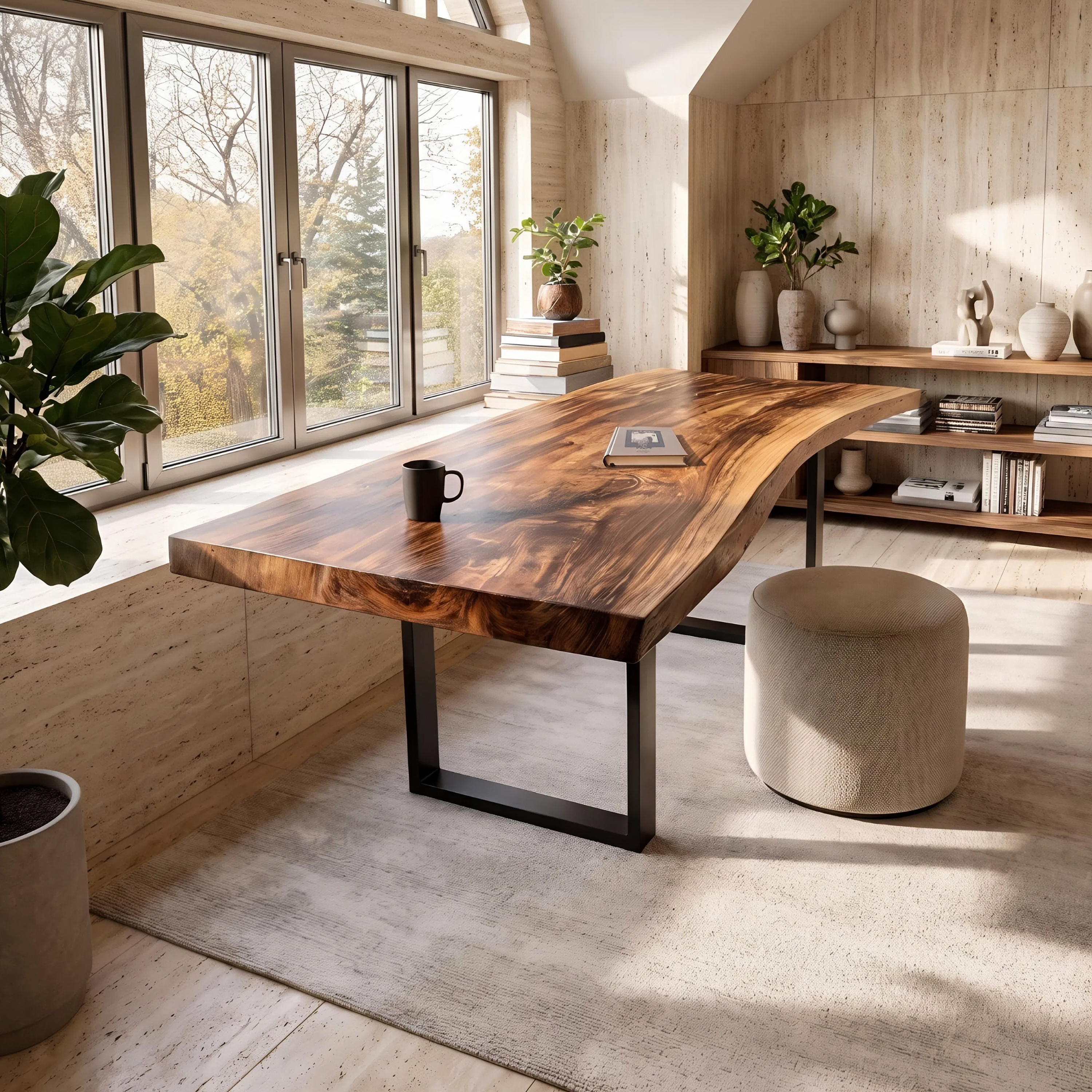 Mid Century Rustic Wooden Live Edge Desk For Home Office