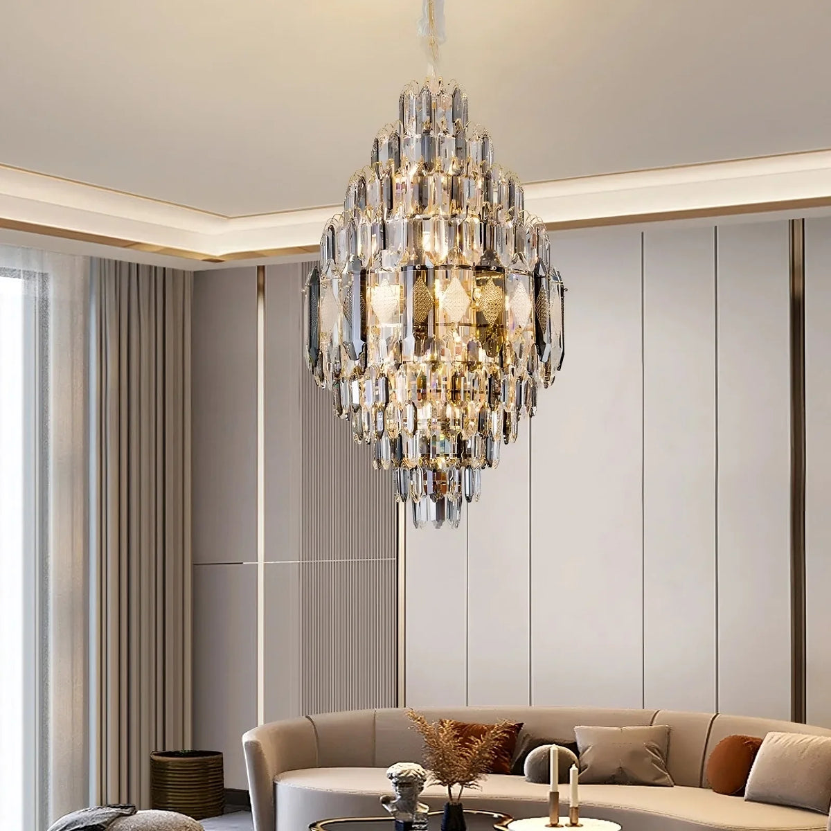 Lazzo crystal chandelier on polished stainless steel full view