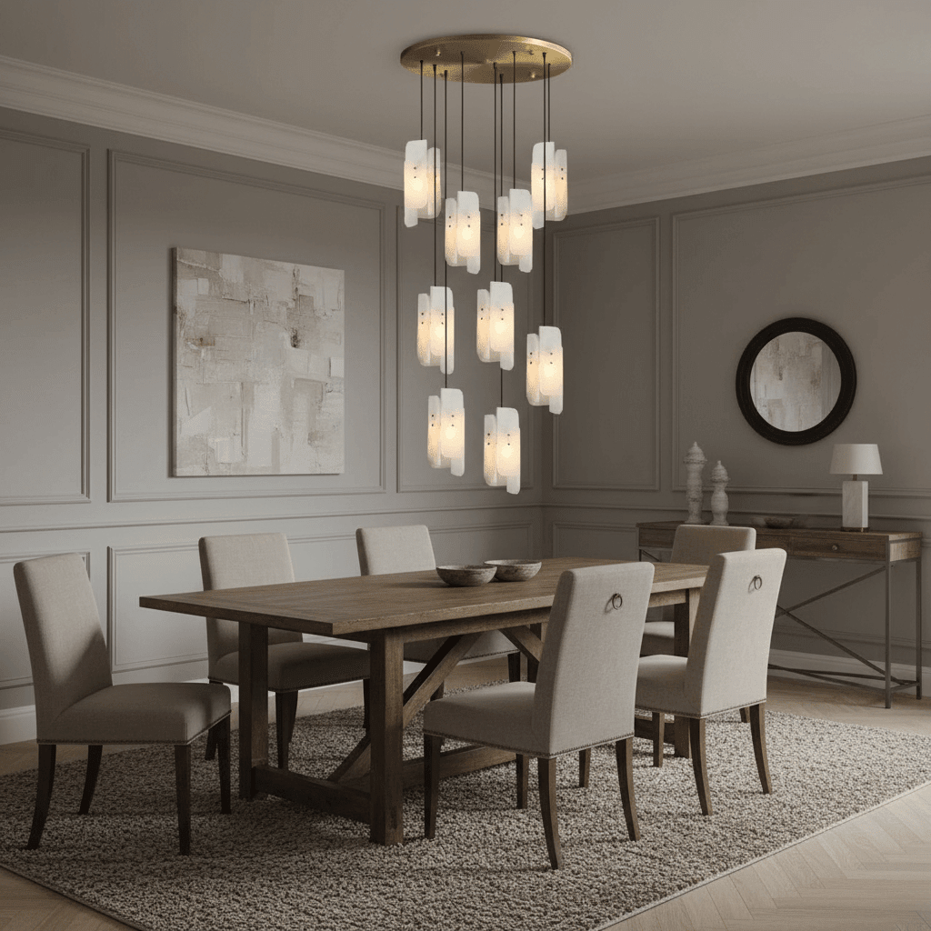 Lunara marble chandelier with veined stone pendants full view