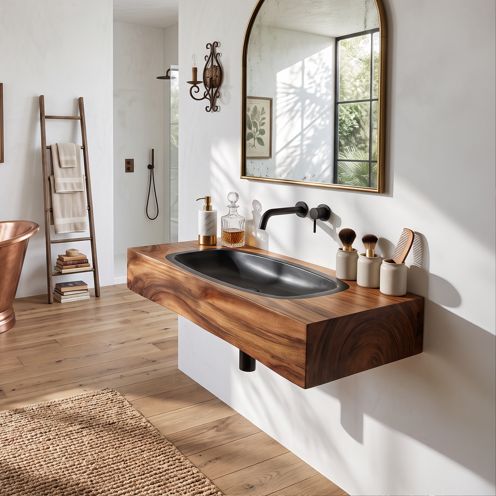 Farmhouse Wooden Live Edge Wood Basin For Organic Bathroom Design