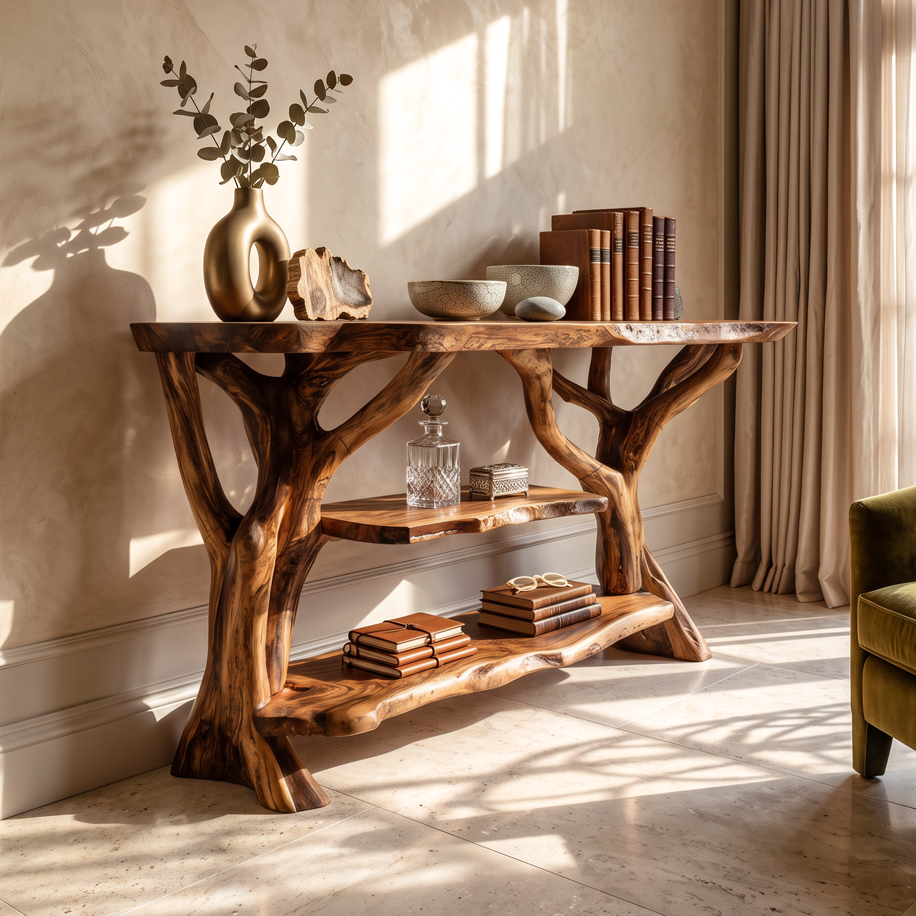 Mid Century Wooden Live Edge Console Table For Modern Furniture Decor