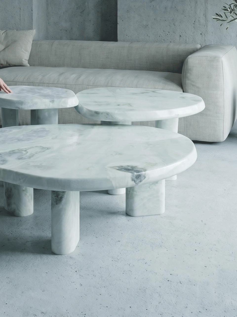 Luxury Green Forest Marble Nesting Coffee Table Set with Three Organic Sculptural Pieces