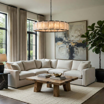Brookhill 43-inch round calcite chandelier on an iron frame