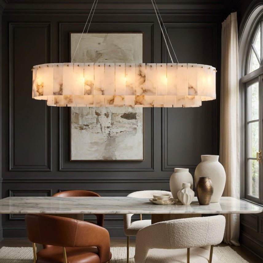 Oakley layered marble dining chandelier in natural stone and brass