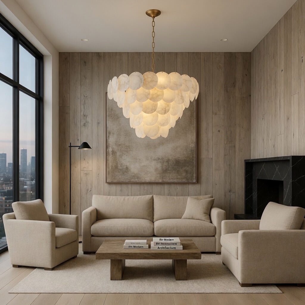Bordwell 35-inch marble chandelier full fixture view