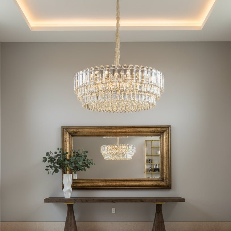 Gio crystal chandelier illuminated in a dining room