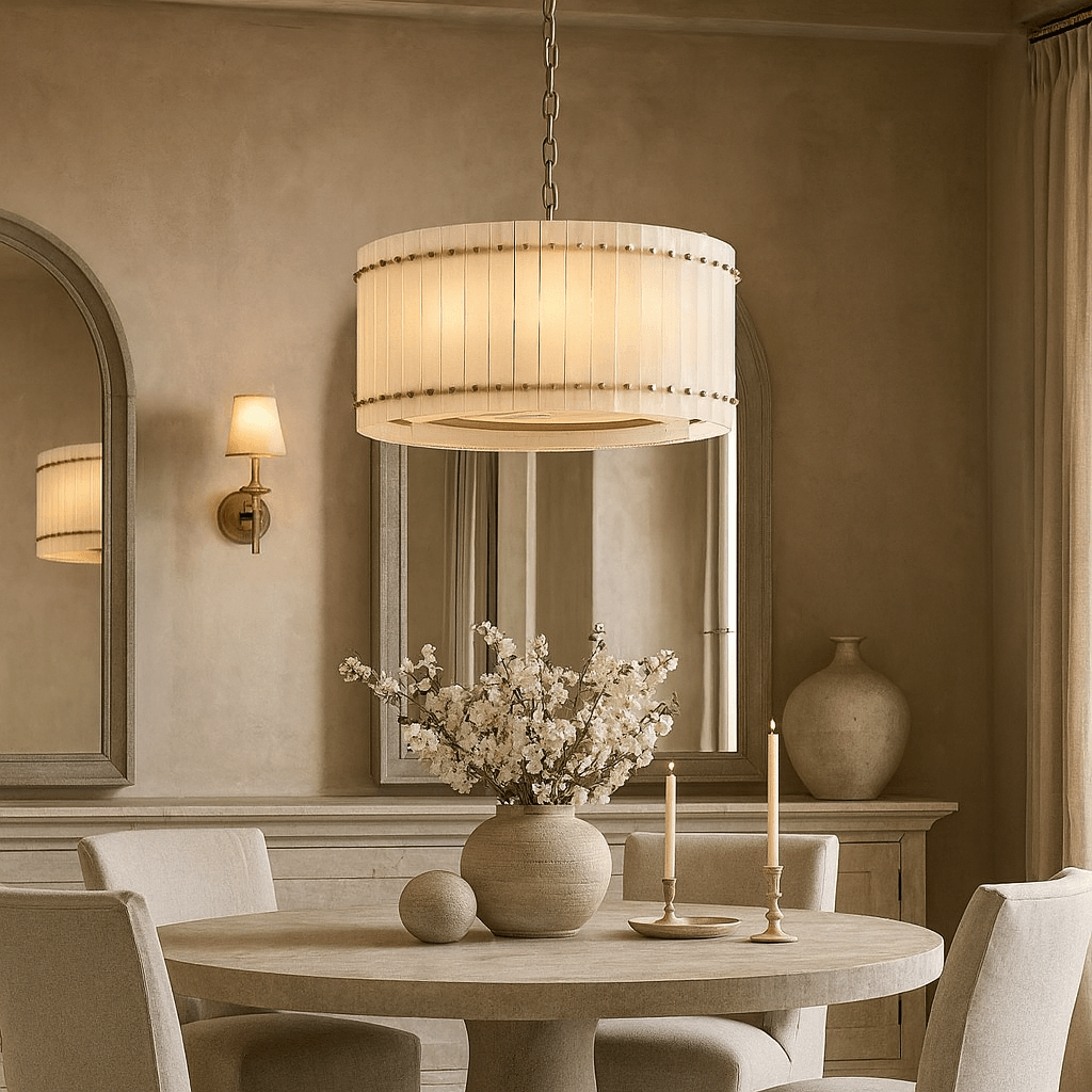 Valmont 24-inch round marble chandelier glowing warm from within