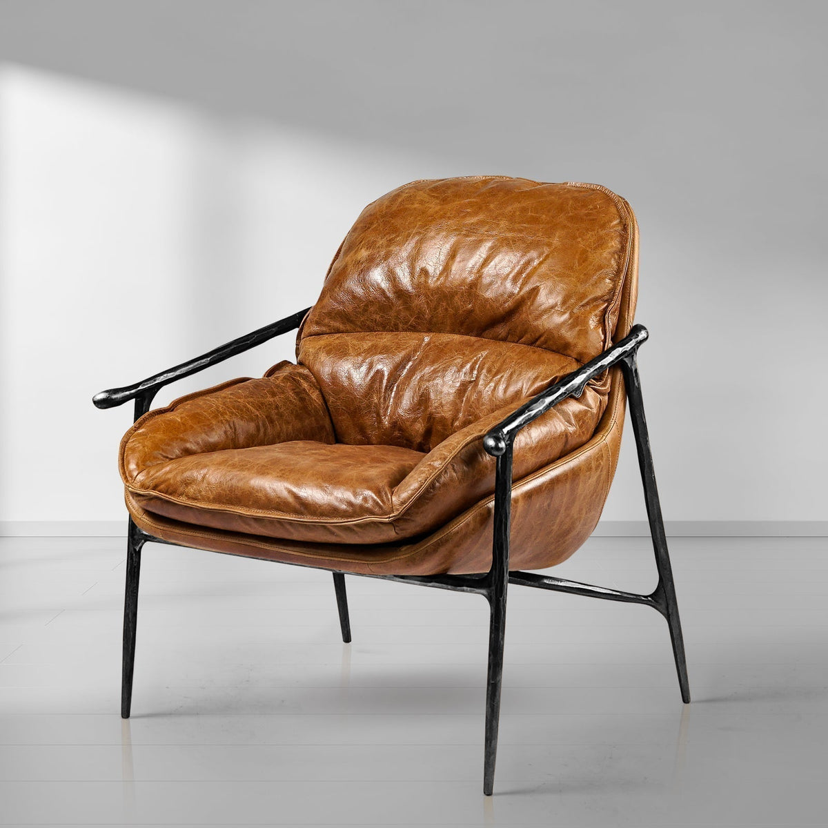 Hand-Forged Metal Brown Leather Accent Chairs