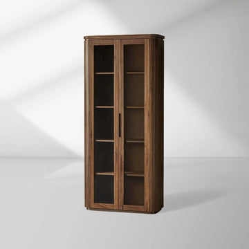 Caden Walnut Tall Display Cabinet Wood Curio Storage Cabinet Entryway China Cabinet Glass Door Bookcase
