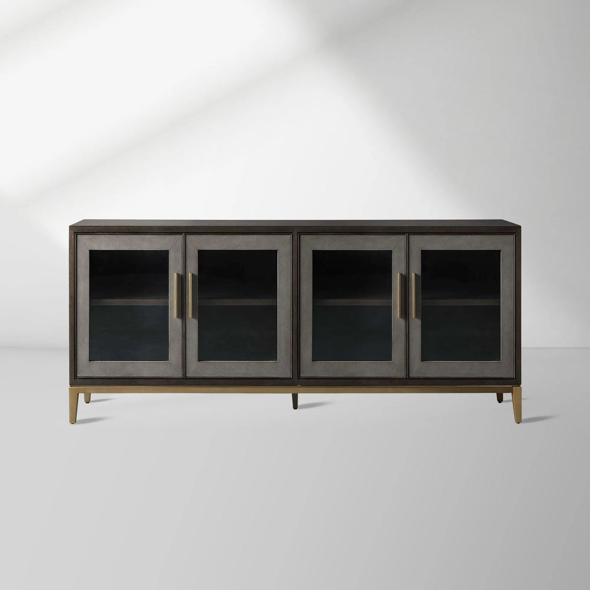 Malone leather Panels Sideboard Glass Doors Buffet Table Oak Wood Living Room Entryways Cabinet