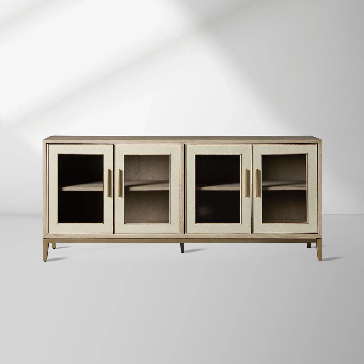 Malone leather Panels Sideboard Glass Doors Buffet Table Oak Wood Living Room Entryways Cabinet