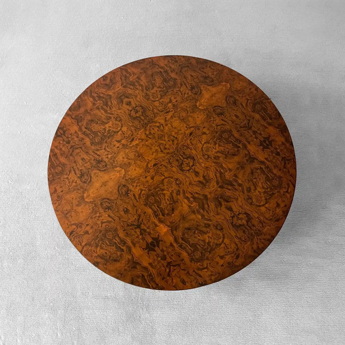Cinzia Burl Round Coffee Table Walnut Wood Cocktail Table Plinth Base Sofa Center Tea Table