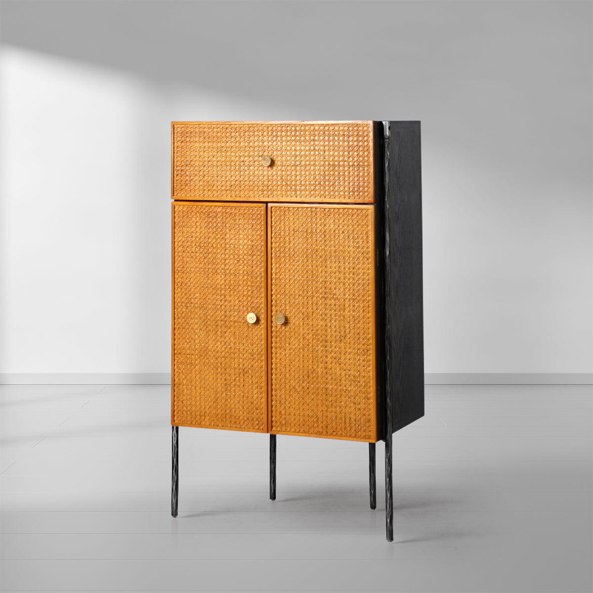 Hand-Forged Metal Metal Frame Rattan Side Cabinet