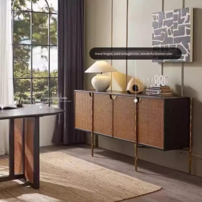 Hand-Forged Metal Metal Frame Rattan 6-Drawer Side Cabinet