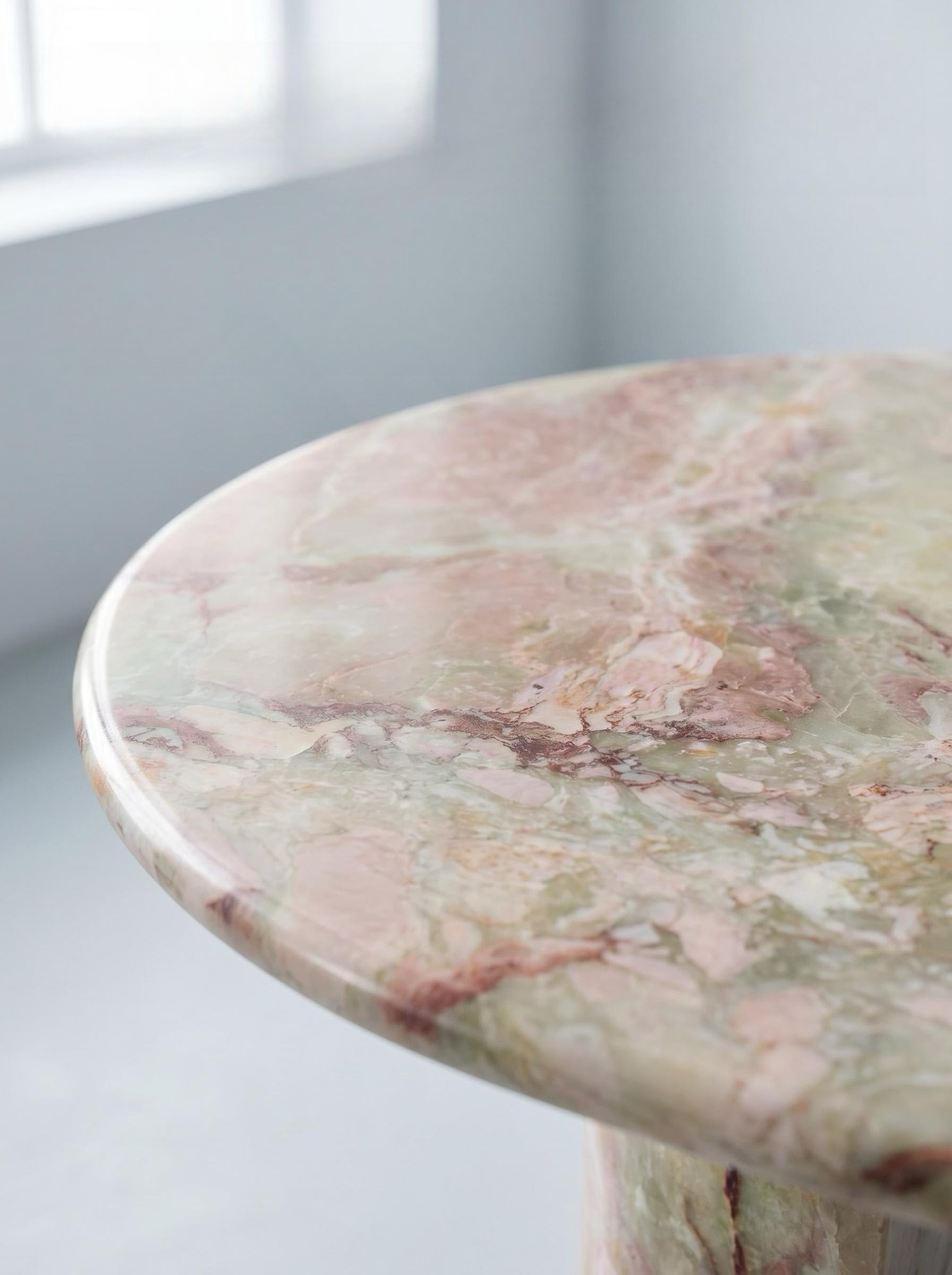 Natural Luxury Stone Oval Dining Table, One-Piece Solid Slab Cut, Unique Pink-Green Natural Veining, Sturdy Double Pedestal Base for Home Dining & Gatherings