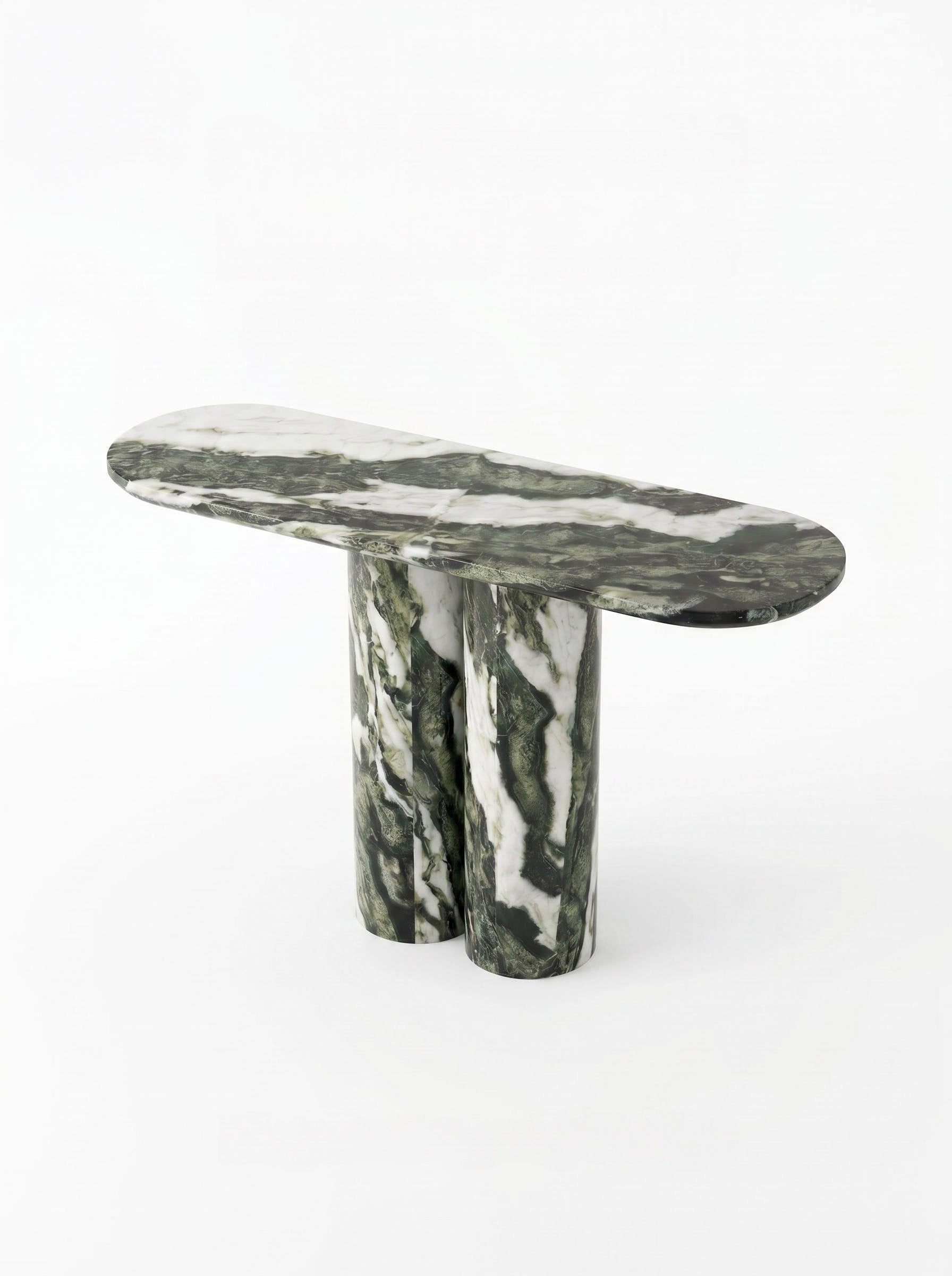 Green Forest Marble Console Table with Oval Shape Top and Double Cylinder Legs