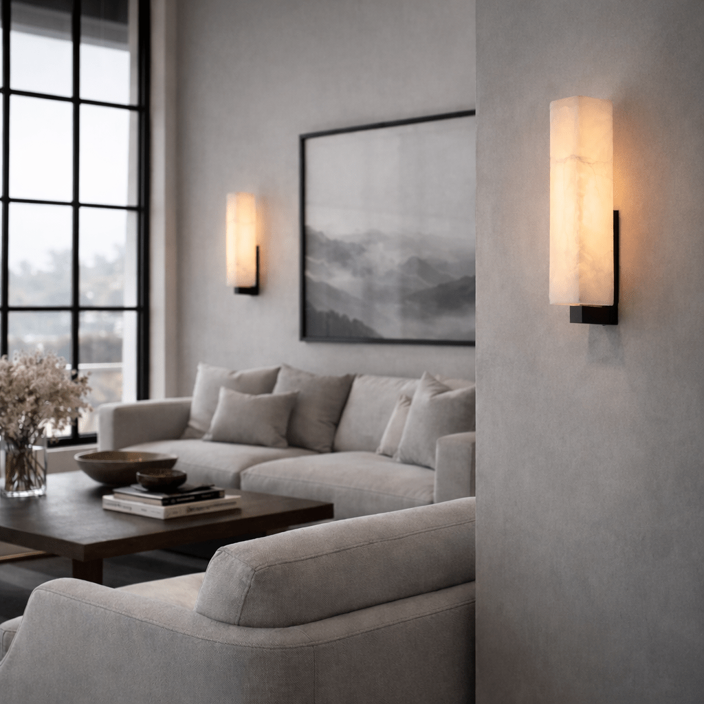 Alton marble sconce with glowing natural stone shade