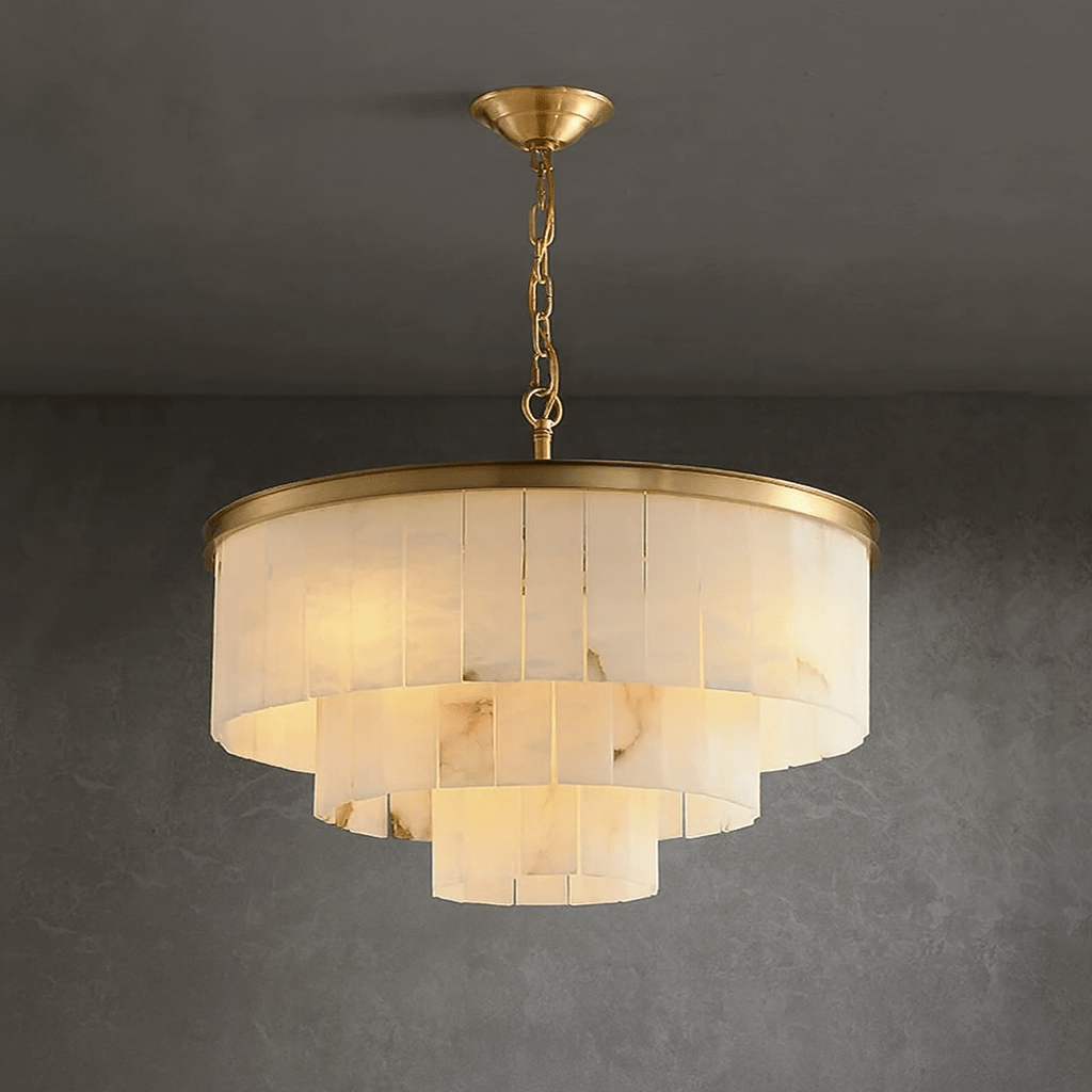 Aurora marble chandelier warm glow through natural stone