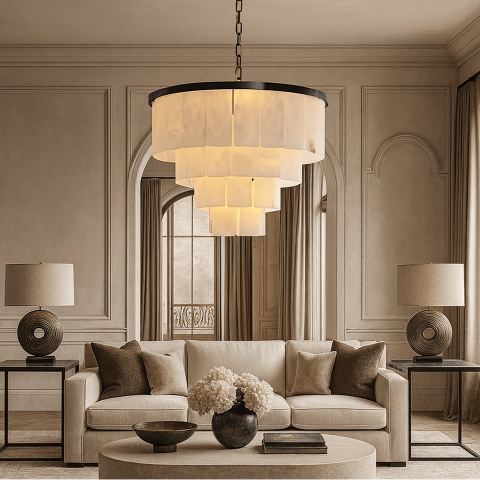 Aurora marble tiered chandelier full fixture view