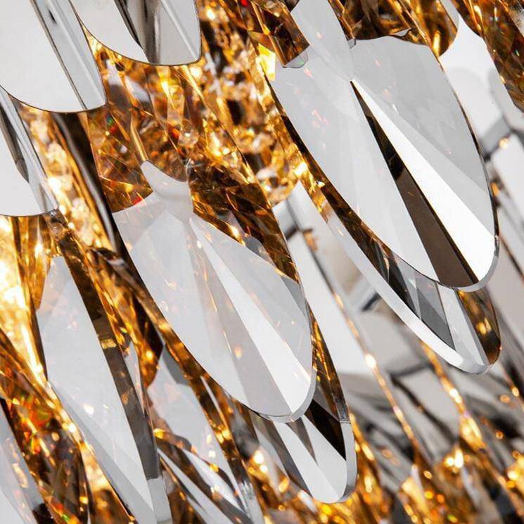 Angled view of the Legance modern chandelier by Morsale.com, smokey crystal on electroplated stainless steel.