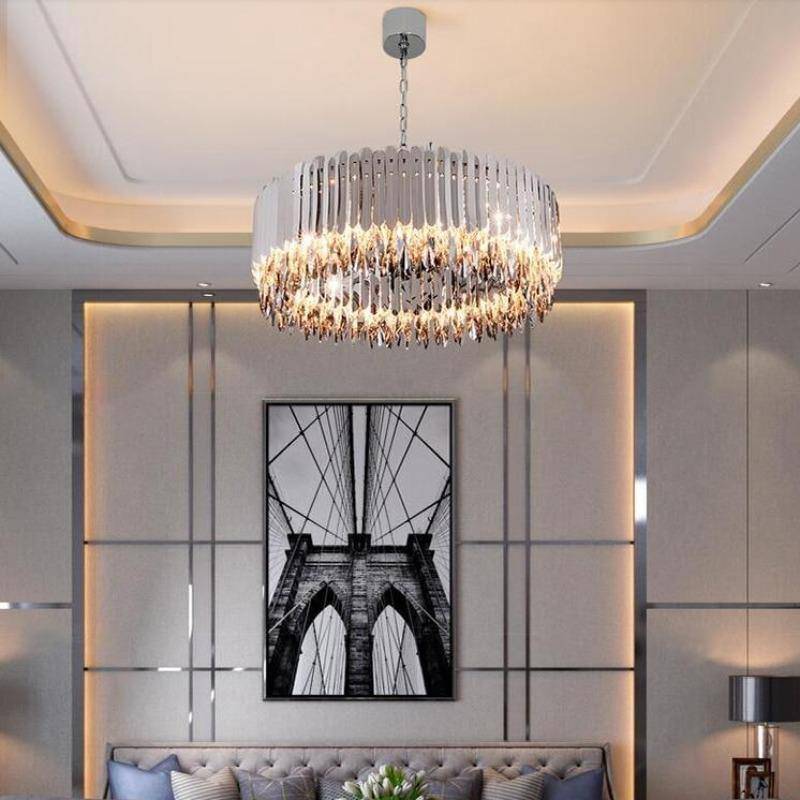 Side view of the Legance modern chandelier by Morsale.com showing smokey crystal detail and the steel frame.