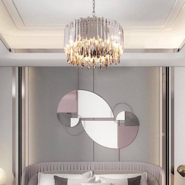 Detail of smokey tinted crystal on the Legance chandelier's polished stainless steel frame, from Morsale.com.