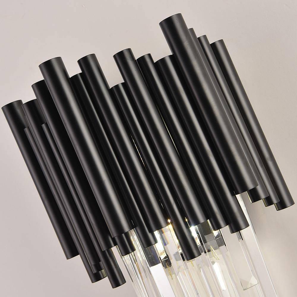 Detail of clear crystal on the Vigo sconce's black stainless steel frame, from Morsale.com.