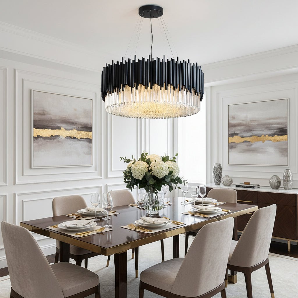 The Vigo crystal prism chandelier from Morsale.com casting a warm ambient glow, slender crystal prisms on steel.