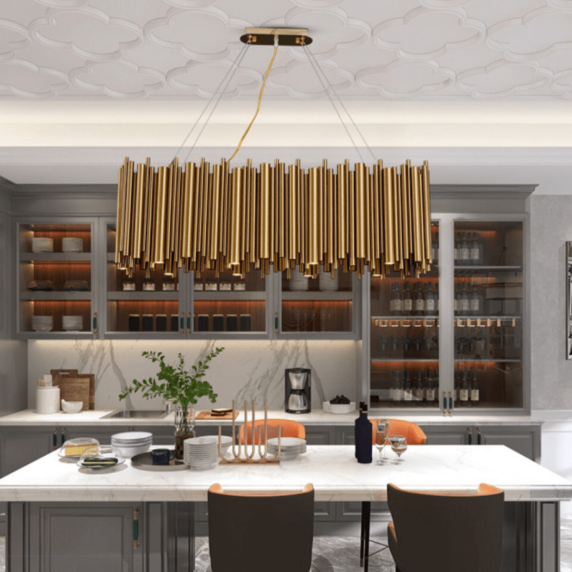 Side view of the Vigo gold dining chandelier by Morsale.com showing the linear rod arrangement and gold finish.